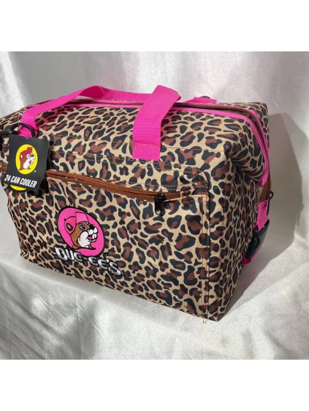 Buc-ees Leopard Print 24-Can Cooler Bag With Pink Handles Insulated Design Zippe - Picture 3 of 9